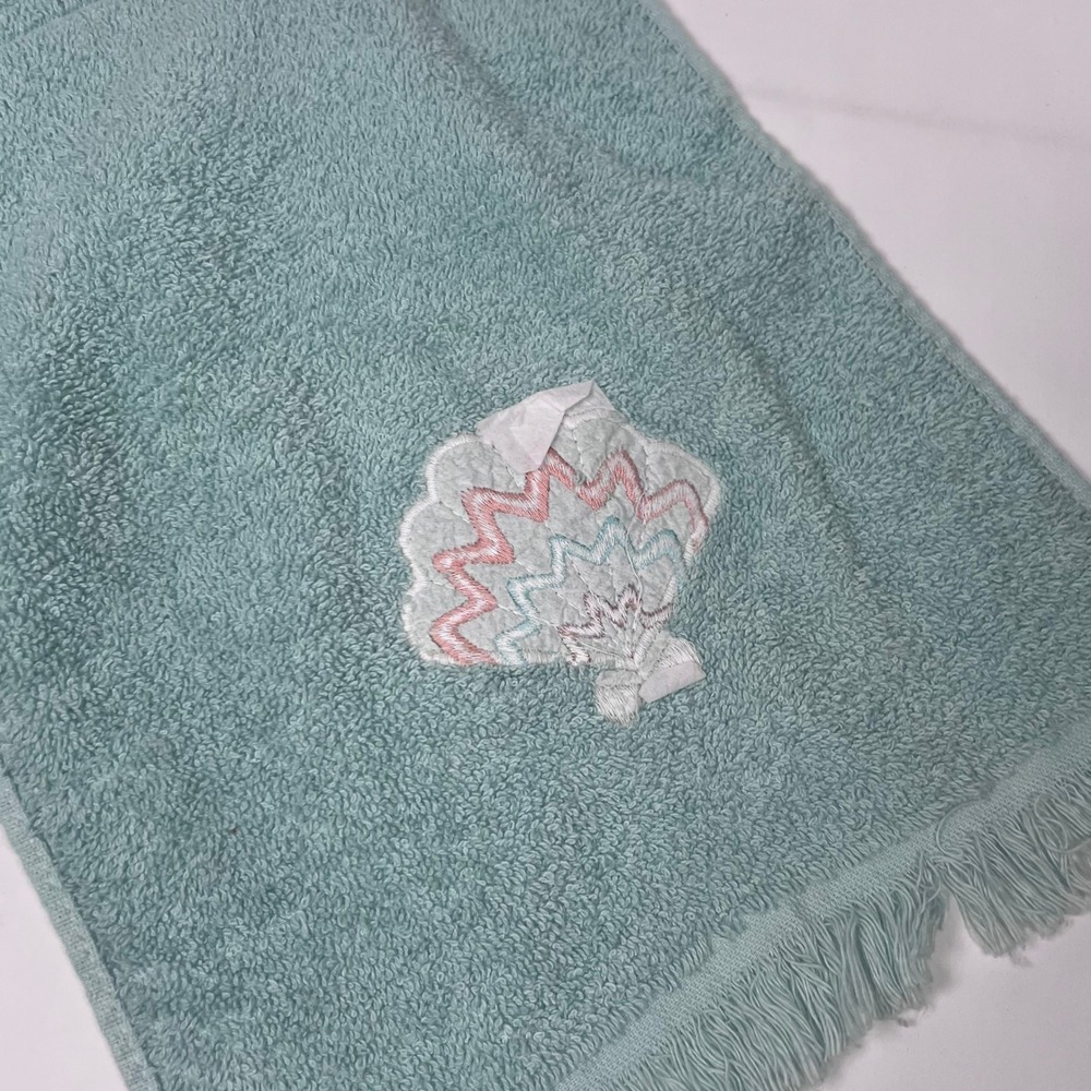 Cannon Royal‎ 2pc Set Blue Green 100% Cotton Embroidered Seashell Towels 80s